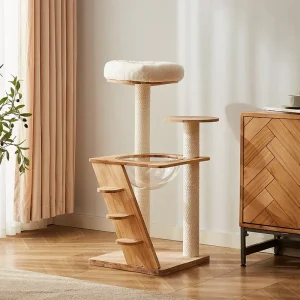 Kattenboom van rubberhout - krabpaal met kattenmand en trap